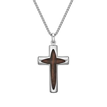 LYNX Stainless Steel & Wood Cross Pendant 24" Men's Necklace