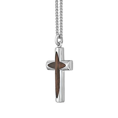 LYNX Stainless Steel & Wood Cross Pendant 24" Men's Necklace