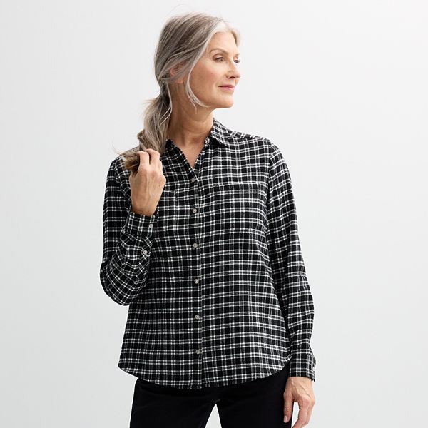 Women's Croft & Barrow® The Extra Soft Plaid Flannel Shirt - Black Pop Check (X SMALL)