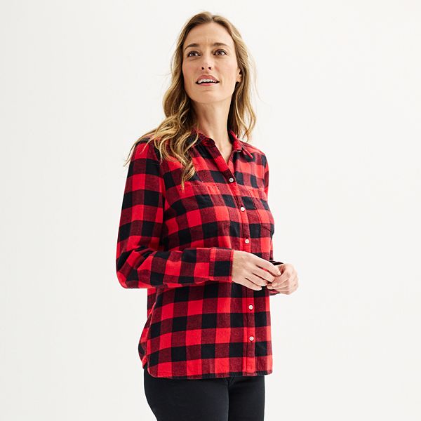 Womens Croft & Barrow® The Extra Soft Plaid Flannel Shirt - Black Red Buff Check (MEDIUM)