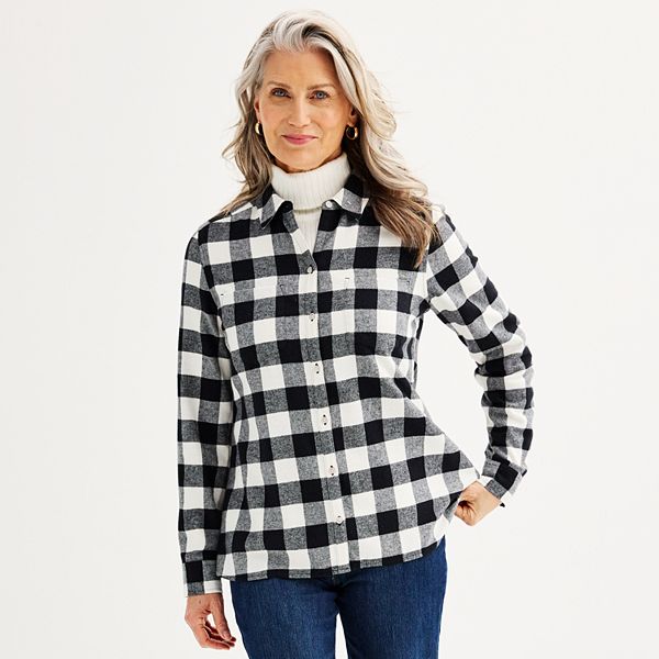 Womens Croft & Barrow® The Extra Soft Plaid Flannel Shirt - Black White Buff Check (MEDIUM)