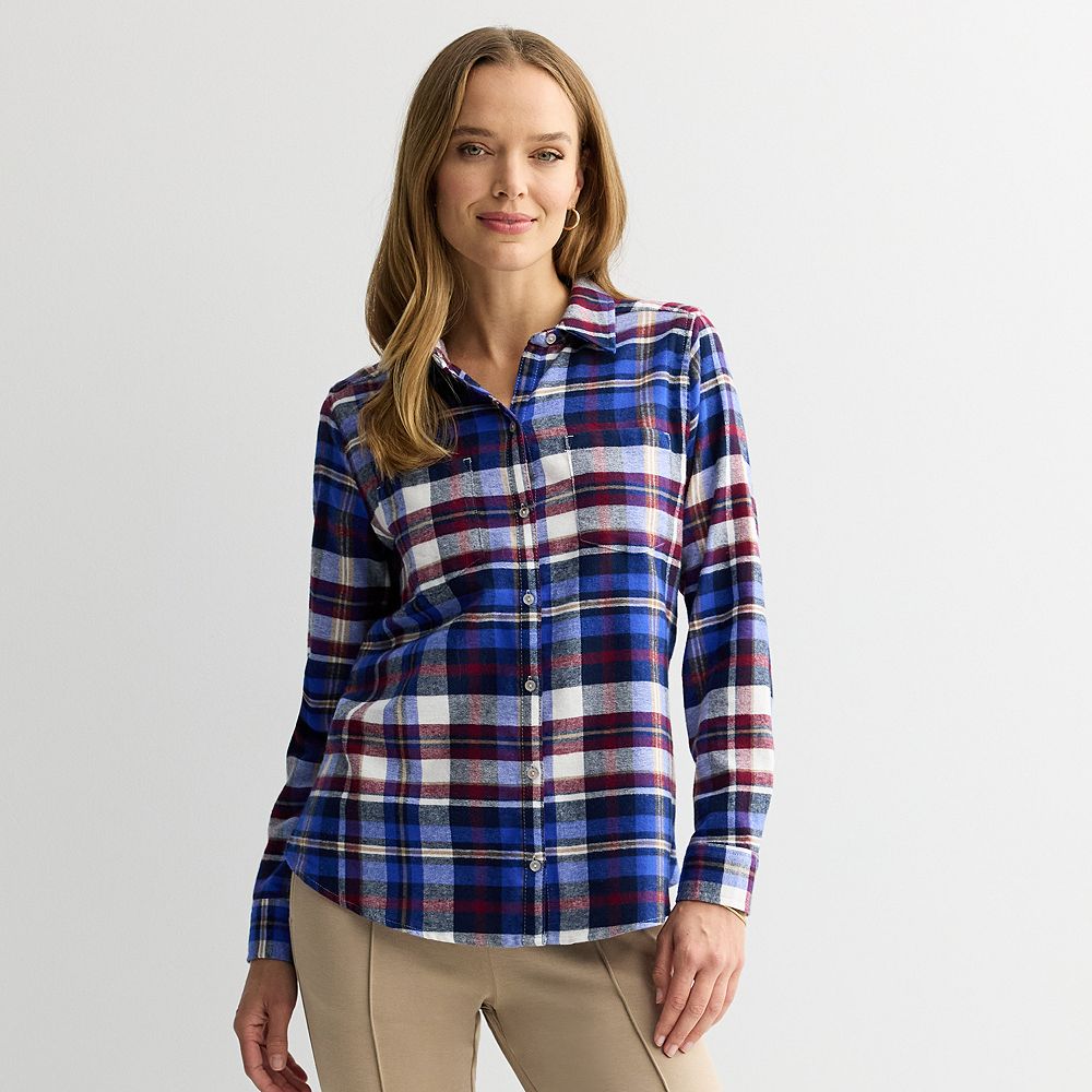 Women's Croft & Barrow The Extra Soft Plaid Flannel Shirt, Size: Large, Cobalt Complex Plaid