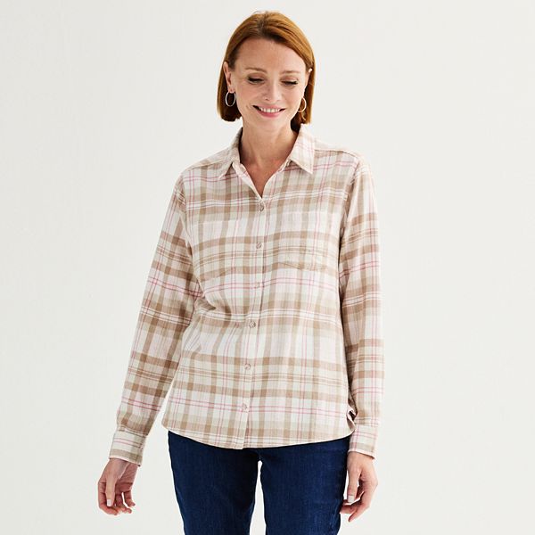 Women's Croft & Barrow® The Extra Soft Plaid Flannel Shirt - Pink Color Plaid (X SMALL)