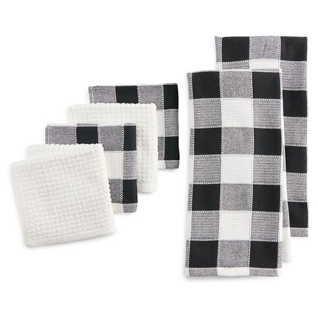 Black Buffalo Check Kitchen Towels And Dishcloths Set White and Black Plaid  100% Cotton 8 Piece