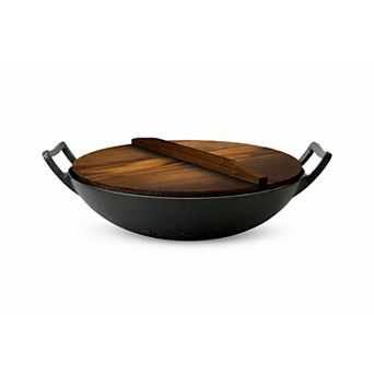 NutriChef Pre Seasoned Cooking Wok Cast Iron Stir Fry Pan with Wooden Lid, Black