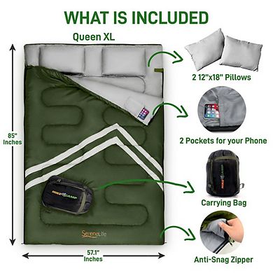 SereneLife 85 x 57.1 Inch Waterproof Double Sleeping Bag with 2 Pillows, Green