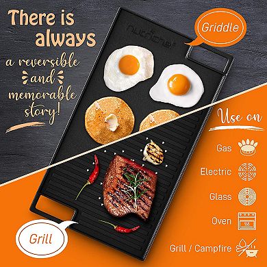 NutriChef 18" Cast Iron Skillet Reversible Grill Plate Pan for Stove Top, Black