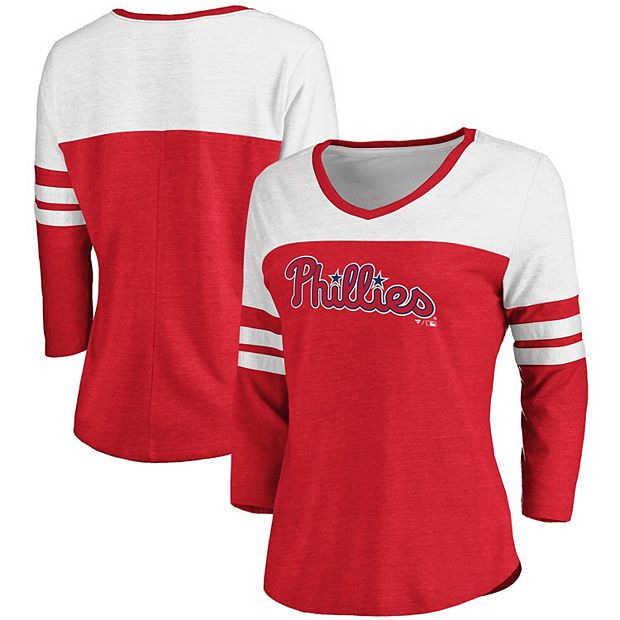 Women's Fanatics Branded Heathered Red/White Philadelphia Phillies Official  Wordmark 3/4 Sleeve Tri-Blend V
