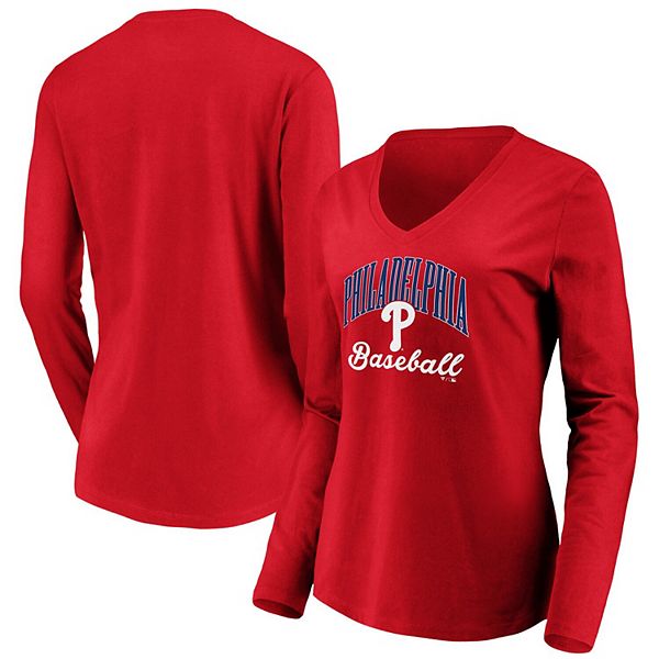 Womens Fanatics Branded Red Philadelphia Phillies Victory Script V Neck Long Sleeve T Shirt 