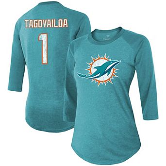 Women's Fanatics Branded Tua Tagovailoa Aqua Miami Dolphins Player Name & Number Raglan 3/4-Sleeve Tri-Blend T-Shirt