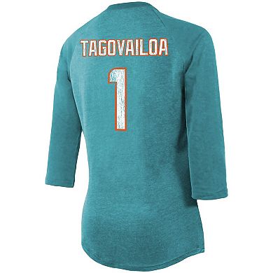Women's Fanatics Branded Tua Tagovailoa Aqua Miami Dolphins Player Name & Number Raglan 3/4-Sleeve Tri-Blend T-Shirt