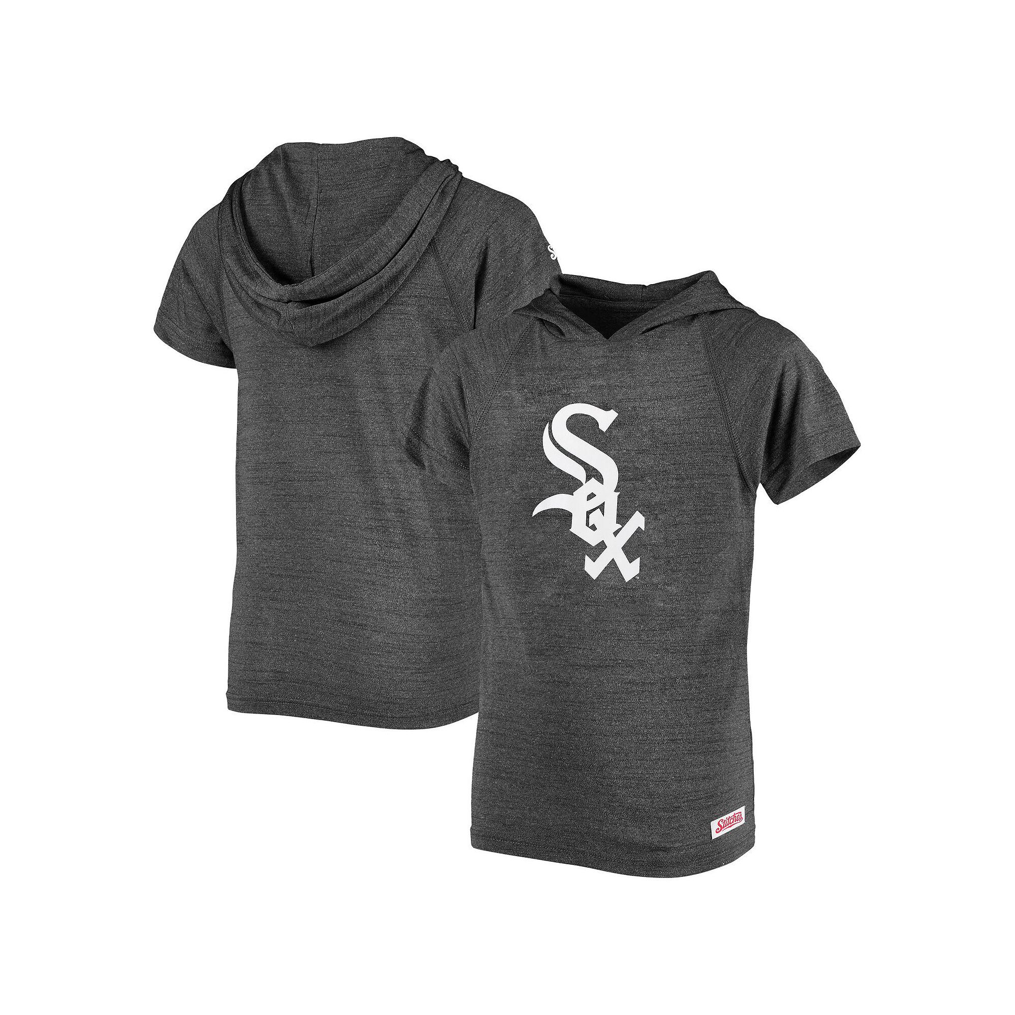 Youth Stitches Heathered Black Chicago White Sox Raglan Short Sleeve Pullov