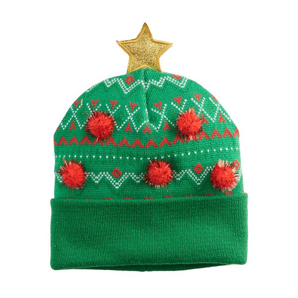 Christmas Tree Knit Beanie with Glitter Star & Mini Tinsel Poms