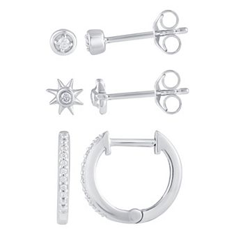 Royal Aura 3 Pair Sterling Silver 1/10 Carat T.W. Diamond Stud & Hoop Earring Set