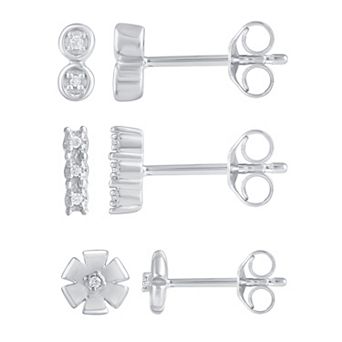 Royal Aura 3 Pair Sterling Silver 1/10 Carat T.W. Diamond Earring Set