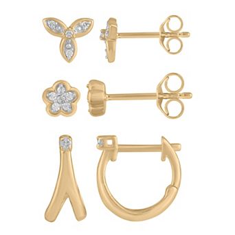 Royal Aura Gold Tone Sterling Silver 1/10 Carat T.W. Diamond 3-Pair Earring Set
