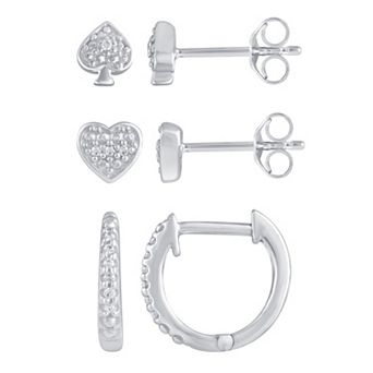 Royal Aura Sterling Silver 1/10 Carat T.W. Diamond Spade Stud, Heart Stud & Hoop Earrings