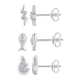 Royal Aura Sterling Silver 1/10 Carat T.W. Diamond Lightning Bolt, Fish & Flame Stud Earrings
