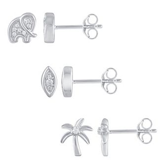 Royal Aura Sterling Silver 1/10 Carat T.W. Diamond Elephant, Marquise & Palm Tree Stud Earring Set