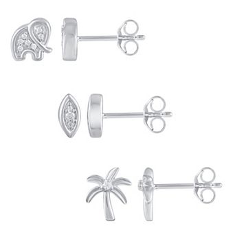 Royal Aura Sterling Silver 1/10 Carat T.W. Diamond Elephant, Marquise & Palm Tree Stud Earring Set