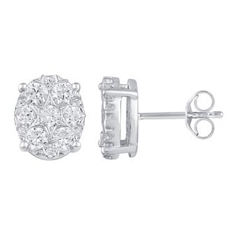 Royal Aura Sterling Silver 1 Carat T.W. Diamond Oval Cluster Stud Earrings