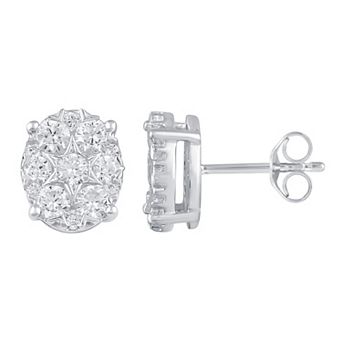 Royal Aura Sterling Silver 1 Carat T.W. Diamond Oval Cluster Stud Earrings