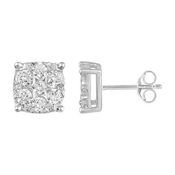 Royal Aura Sterling Silver 1 Carat T.W. Diamond Cluster Square Stud Earrings