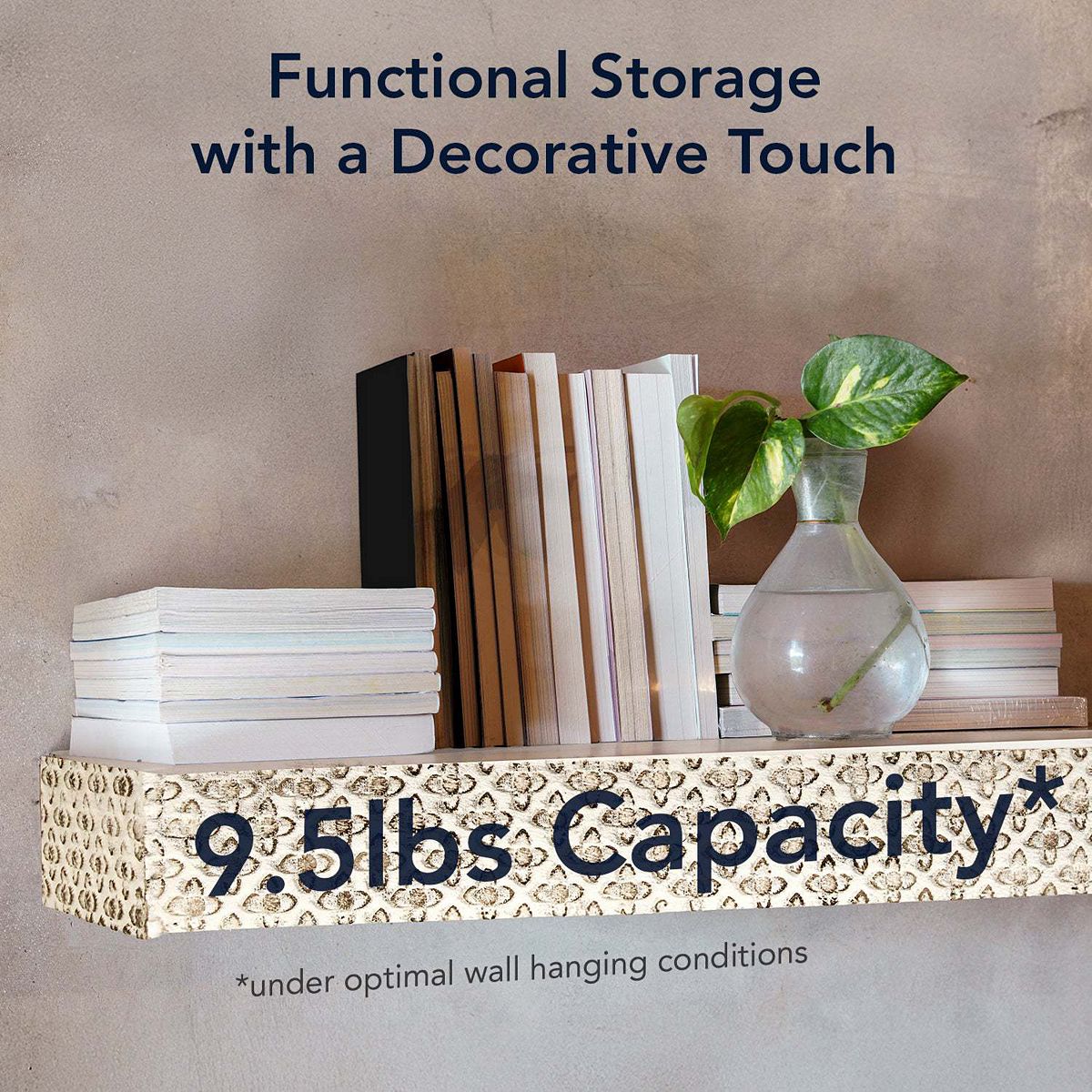 Floating wall shelf with embossed geometric pattern