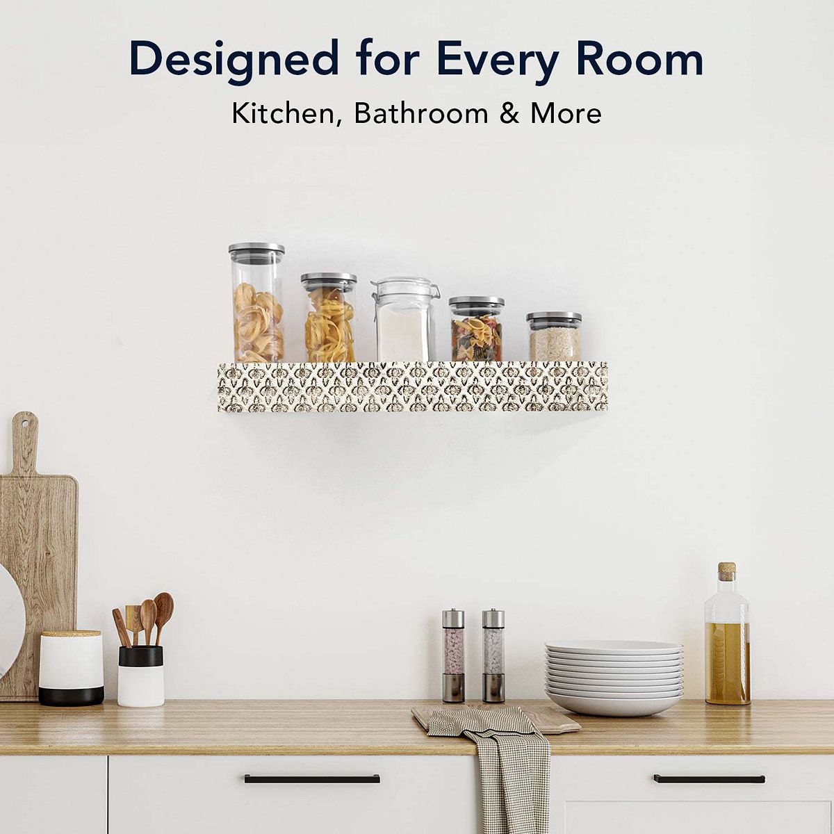 Embossed floating wall shelf holding small jars