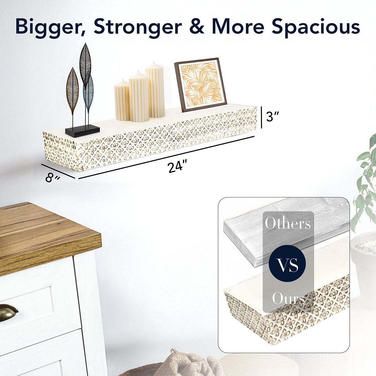 Embossed floating wall shelf with dimensions shown