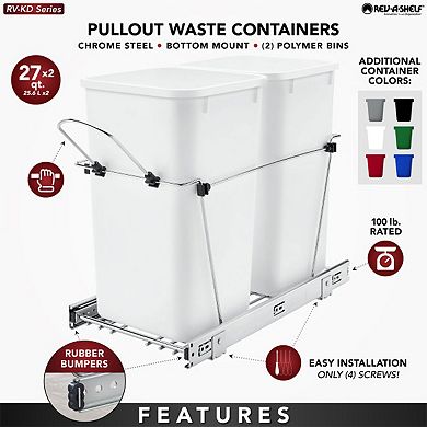 Rev-a-shelf Double Pullout Trash Can 27 Qt. For Kitchen, White, Rv-15kd-11c S