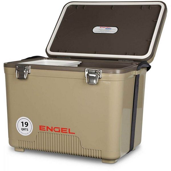 Open Box Tan Engel 13 Qt Lightweight Fishing Dry Box Cooler w/ Shoulder Strap