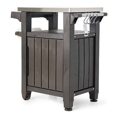 Keter Unity 40 Gal Patio Storage Grilling Bar Cart w/ Stainless Steel Top, Brown