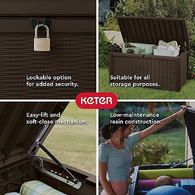 Keter Borneo 110 Gallon Rattan Wicker Resin Patio Deck Storage Box Bench, Brown