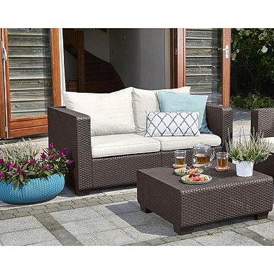 Salta Brown Resin 2 Seat Plastic Outdoor Patio Sofa Loveseat w/ Canvas Cushions