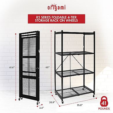 Origami R5-06W Black 4-Wheeled and 4-Shelf Folding Steel Wire Shelving Storage