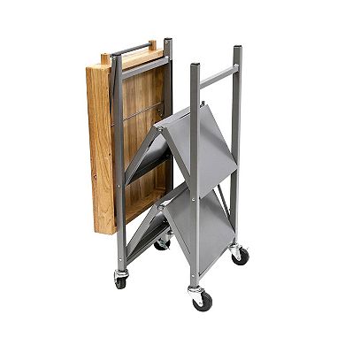 Origami Foldable Wheeled Portable Solid Wood Top Kitchen Island Bar Cart, Silver
