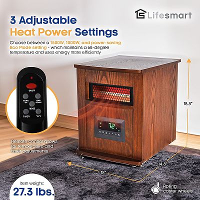 Lifesmart 2024 1500-Watt Infrared Quartz Cabinet Indoor Electric Space Heater with T