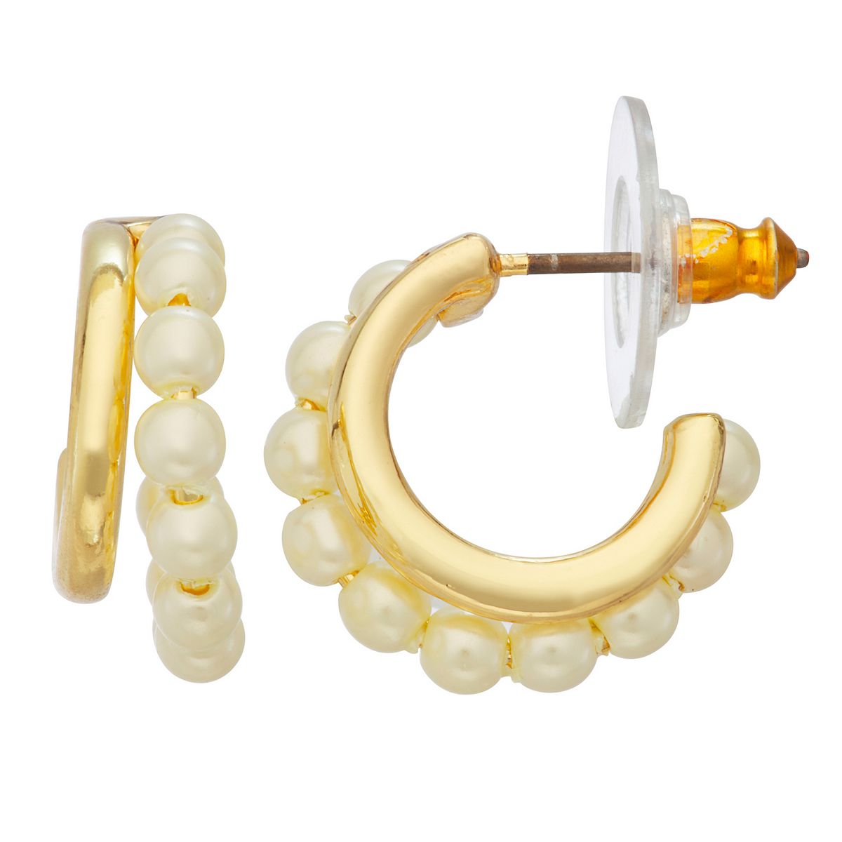 Nine West Gold Tone and Simulated Pearl Two-Row C-Hoop Earrings