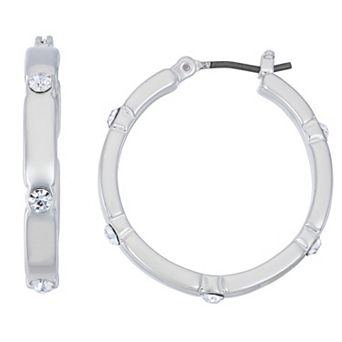 Nine West Silver Tone Small Hoop Earrings with Simulated Crystal Accents