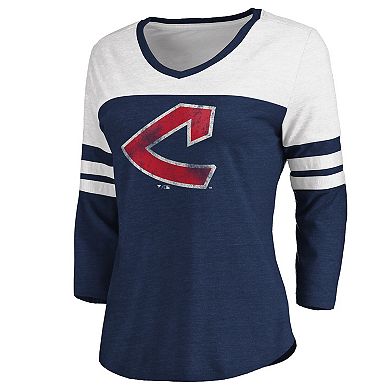Women's Fanatics Branded Heathered Navy/White Cleveland Indians Two-Toned Distressed Cooperstown Collection Tri-Blend 3/4-Sleeve V-Neck T-Shirt