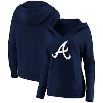 Women's Fanatics Branded Navy Atlanta Braves Official Logo Crossover V-Neck Pullover Hoodie
