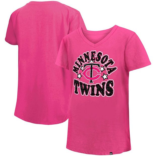 Girl's Youth New Era Pink Minnesota Twins Jersey Stars V-Neck T-Shirt