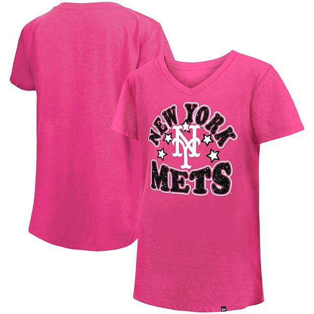 Girl's Youth New Era Pink New York Mets Jersey Stars V-Neck T-Shirt
