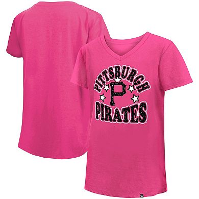 Girl's Youth New Era Pink Pittsburgh Pirates Jersey Stars V-Neck T-Shirt