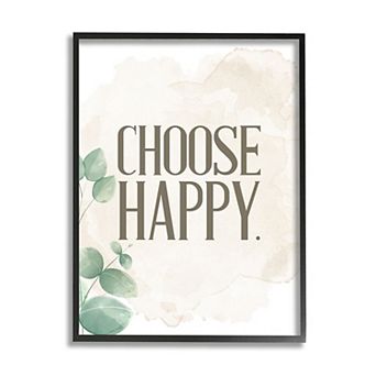 Stupell Home Decor Choose Happy Text Green Leaves Neutral Brown Framed Wall Decor