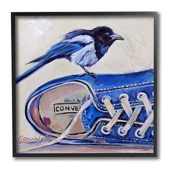 Stupell Home Decor Blue Bird Perched on Laced Sneakers Framed Wall Art