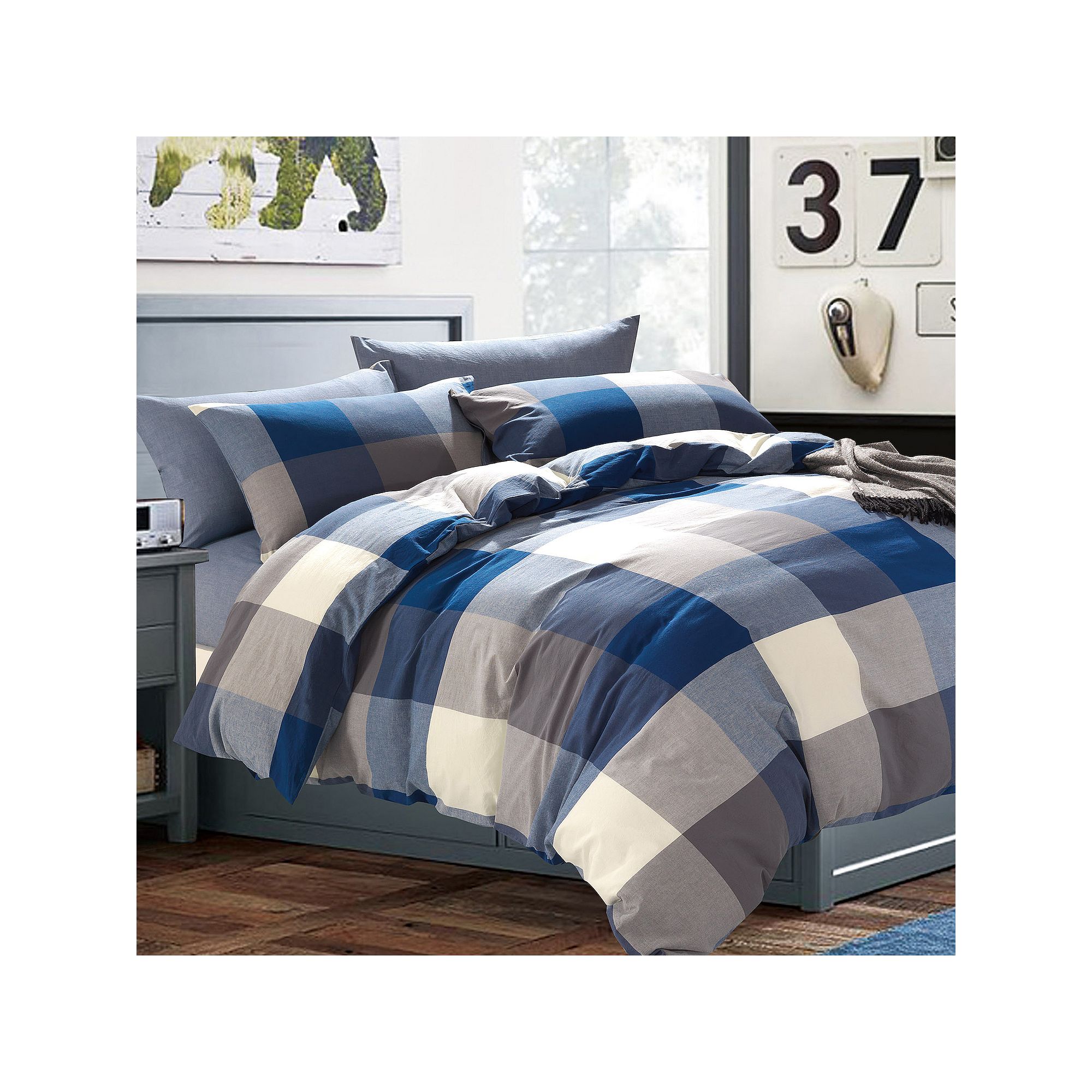 Serenta Buffalo Washed Cotton Duvet Cover Set, Royal Blue