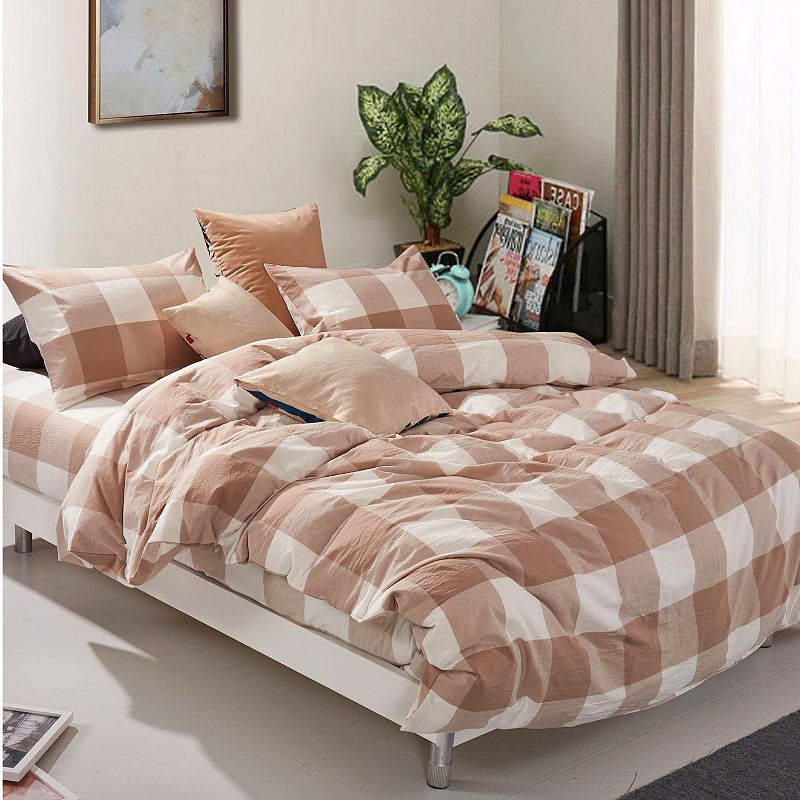 Serenta Gingham Washed Cotton Comforter Set with Shams, Brown, King