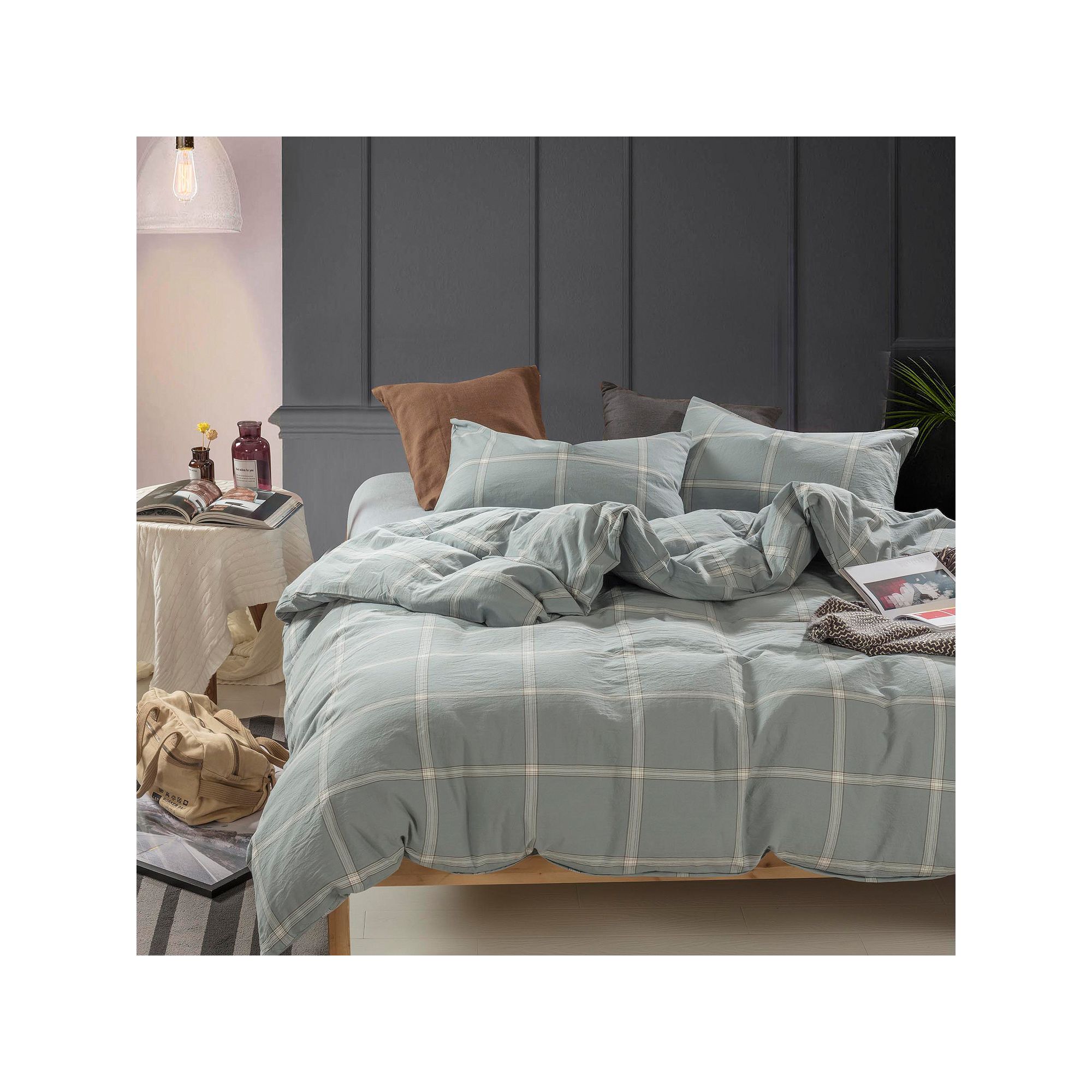 Serenta Windowpane Washed Cotton Comforter Set with Shams, Blue